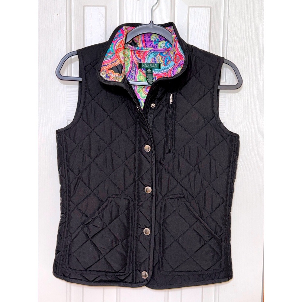 Lauren Ralph Lauren Quilted Vest XS Black Paisley Lined‎ Snap Front Pockets